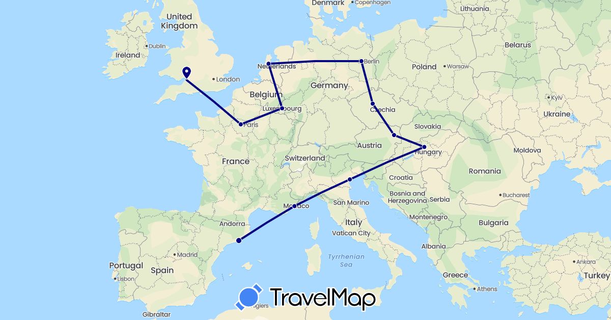 TravelMap itinerary: driving in Austria, Czech Republic, Germany, Spain, France, United Kingdom, Hungary, Italy, Luxembourg, Netherlands (Europe)